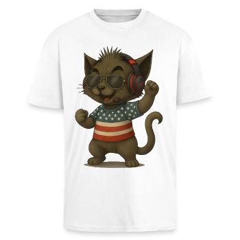 Cat DJ in Americana look - Unisex Oversized Heavyweight T-shirt - white - Front - Alina (178cm) & Michal (187cm)