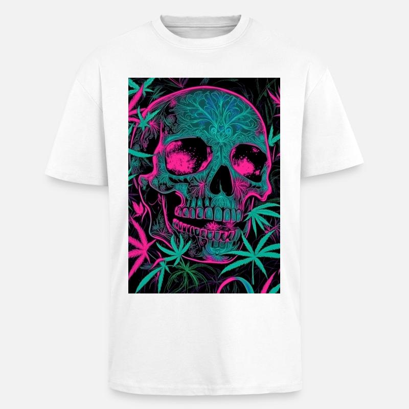 Neon Skull with Cannabis Leaf Pattern - Unisex Oversized Heavyweight T-shirt - white
