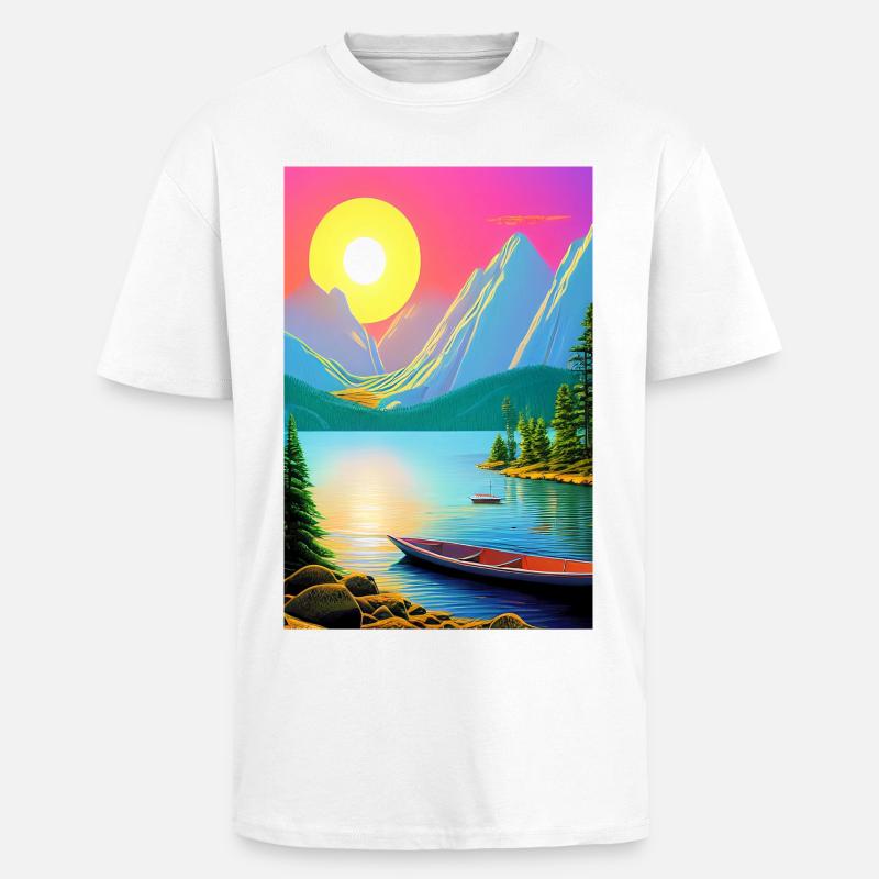 Landschaft mit See, Boot und Berge - Oversized Heavyweight Unisex T-Shirt - Weiß