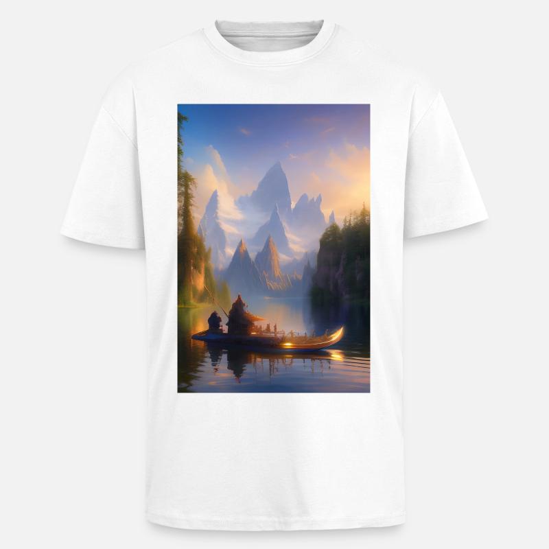 Landschaft mit See, Boot und Berge - Oversized Heavyweight Unisex T-Shirt - Weiß