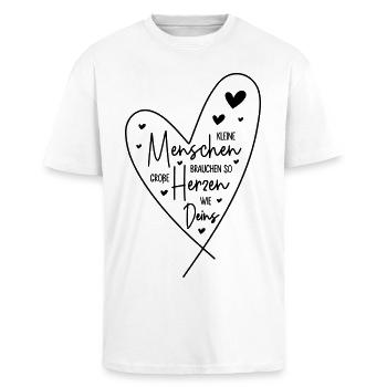 Kleine Menschen brauchen so große Herzen wie Deins - Oversized Heavyweight Unisex T-Shirt - Weiß - Vorne - Alina (178cm) & Michal (187cm)