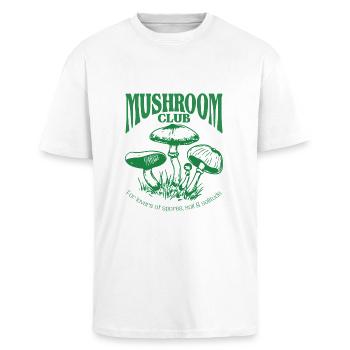 Mushroom Club – Vintage Pilz-Typografie - Oversized Heavyweight Unisex T-Shirt - Weiß - Vorne - Alina (178cm) & Michal (187cm)
