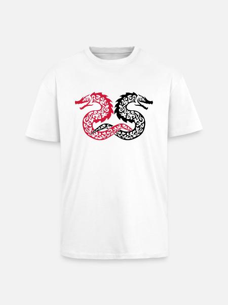 Twin Tribal Dragon - Unisex Oversized Heavyweight T-shirt - white