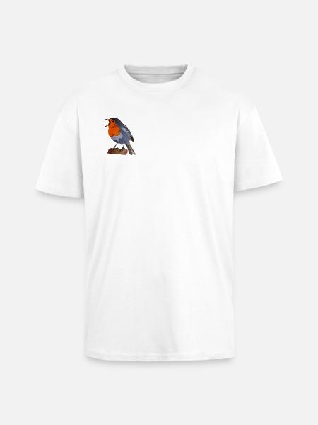 Robin Bird Illustration on Textile - Unisex Oversized Heavyweight T-shirt - white