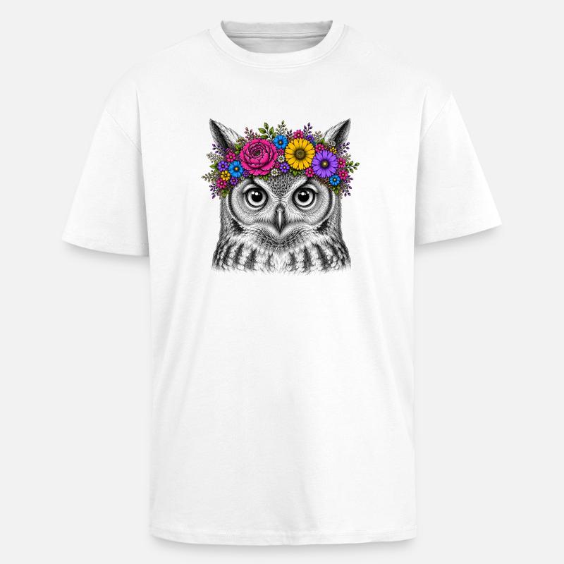 Eulenkopf mit Blumenkrone - Oversized Heavyweight Unisex T-Shirt - Weiß
