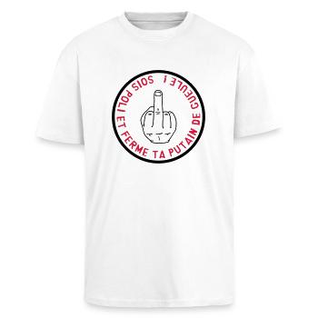 Ferme ta Gueule / Humour / Insulte / Doigt / Drole - T-shirt unisexe oversize épais - blanc - Devant - Alina (178cm) & Michal (187cm)