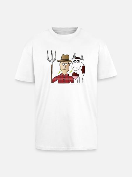 Peasant & Cow | Farmer | Cows Milking | pitchfork - Unisex Oversized Heavyweight T-shirt - white