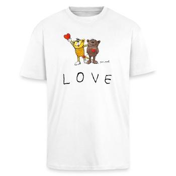 Janosch LOVE Schriftzug Tiger Und Bär - Oversized Heavyweight Unisex T-Shirt - Weiß - Vorne - Alina (178cm) & Michal (187cm)