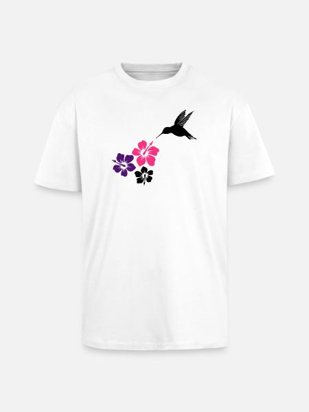Colibri avec des fleurs d'hibiscus - T-shirt unisexe oversize épais - blanc