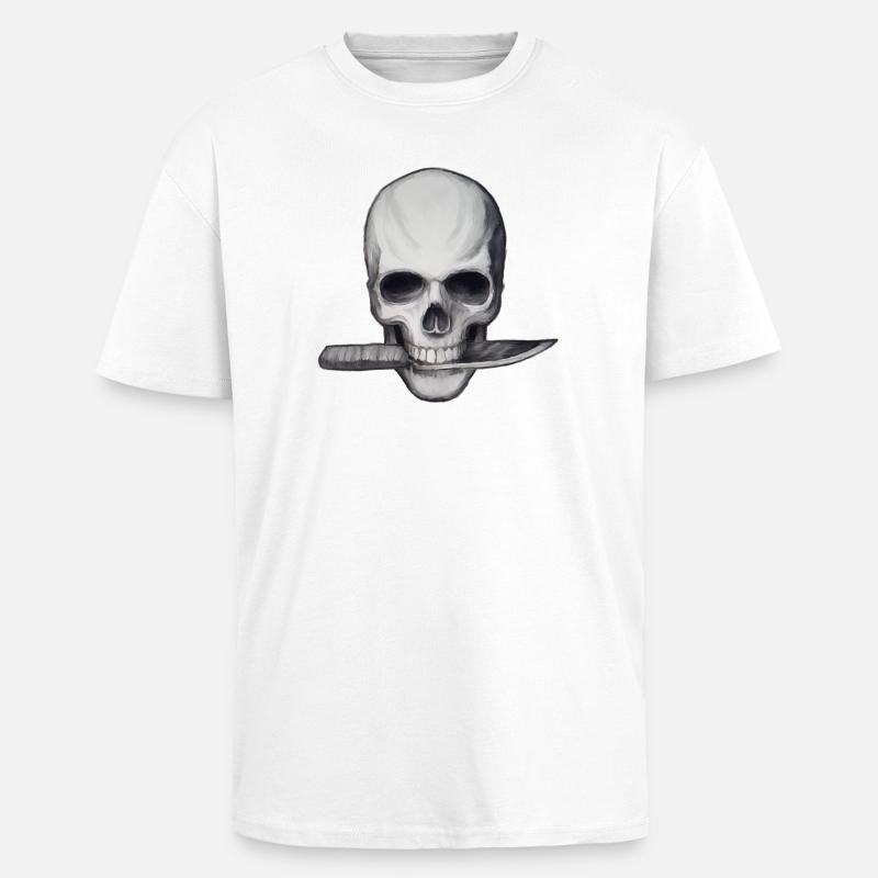 Crâne avec couteau dans la bouche - T-shirt unisexe oversize épais - blanc