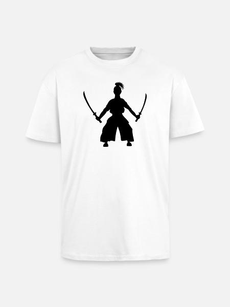 Épéiste japonais debout 2 épées - T-shirt unisexe oversize épais - blanc