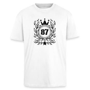 87 - Jahrgang Jahr Geburtsjahr 1987 - Oversized Heavyweight Unisex T-Shirt - Weiß - Vorne - Alina (178cm) & Michal (187cm)