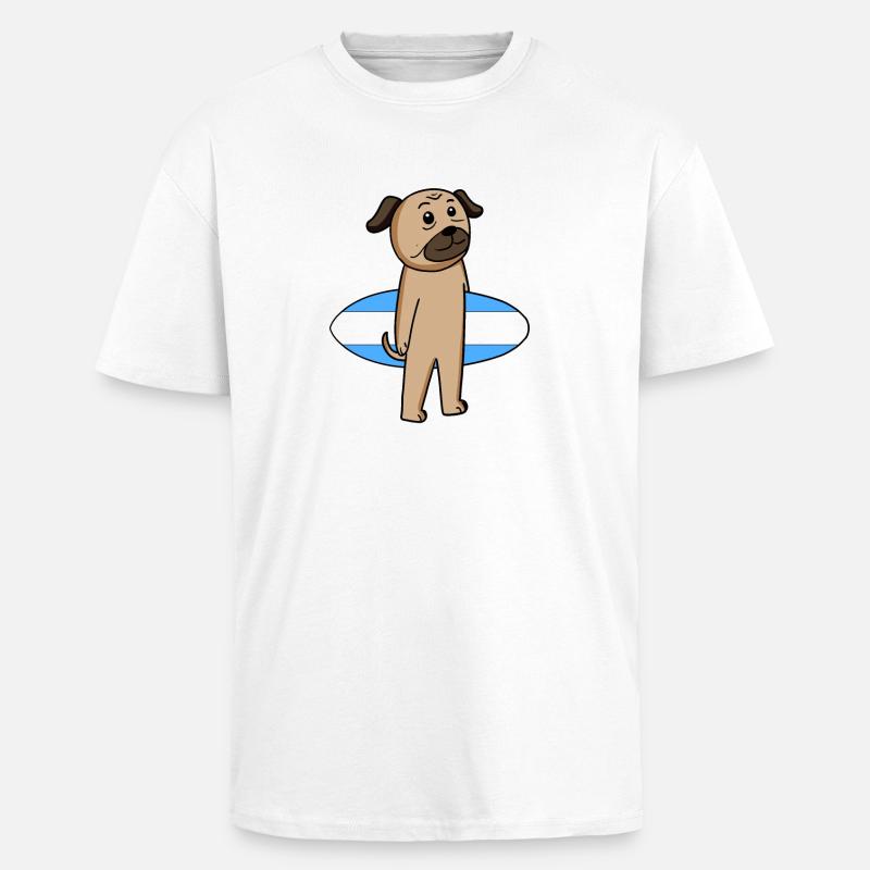 Surfboard Dog Pug Surfing Gift - Unisex Oversized Heavyweight T-shirt - white