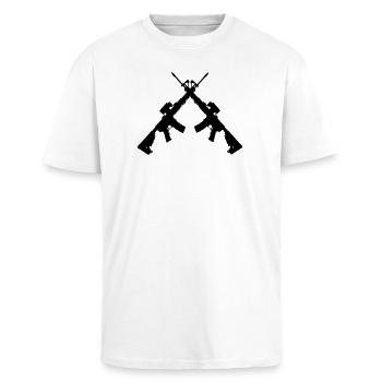 Zwei gekreuzte Colt C7 - Oversized Heavyweight Unisex T-Shirt - Weiß - Vorne - Alina (178cm) & Michal (187cm)