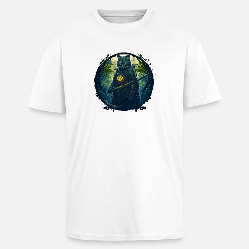 Cat as samurai in forest - Unisex Oversized Heavyweight T-shirt - white