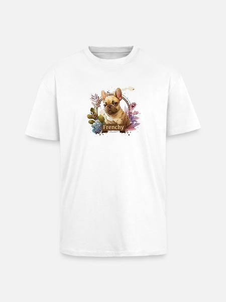 French Bulldog in Flower Frame - Unisex Oversized Heavyweight T-shirt - white