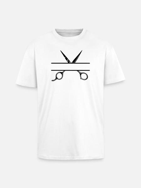 Texte bannière logo coiffeur ouvrir ciseaux - T-shirt unisexe oversize épais - blanc