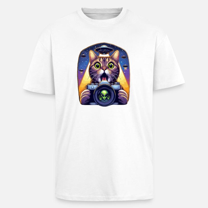 Lustige verängstigte Katze mit UFO-Alien-Angriff 3D-Effekt - Oversized Heavyweight Unisex T-Shirt - Weiß