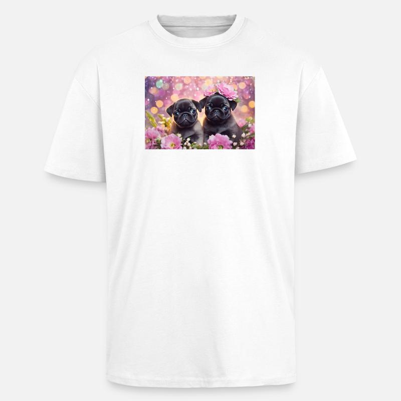 Petits chiens avec couronne de fleurs - T-shirt unisexe oversize épais - blanc
