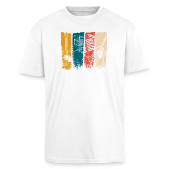 Retro Music Strip Art: Mikrofon und Gitarre - Oversized Heavyweight Unisex T-Shirt - Weiß - Vorne - Alina (178cm) & Michal (187cm)
