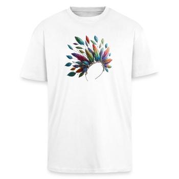 Farbenfrohe Federn. Lebendig und detailreiche - Oversized Heavyweight Unisex T-Shirt - Weiß - Vorne - Alina (178cm) & Michal (187cm)
