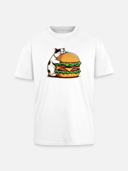Chat gourmand et hamburger - T-shirt unisexe oversize épais - blanc