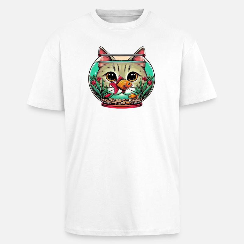 Chat d’aquarium avec poisson rouge - T-shirt unisexe oversize épais - blanc