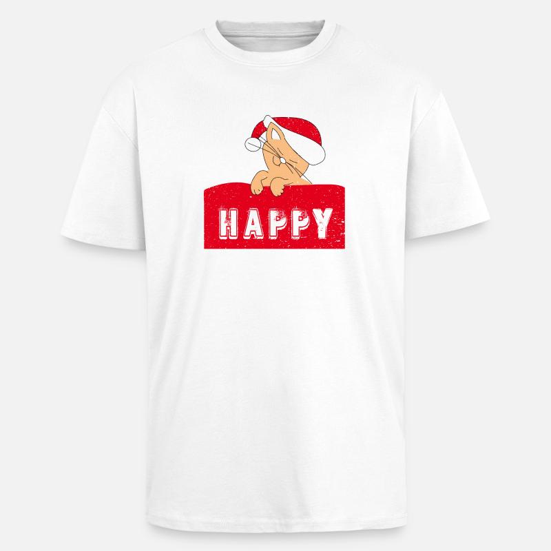 Chat heureux avec bonnet de Noël - T-shirt unisexe oversize épais - blanc