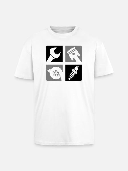 Wrench Piston Turbo Spark Plug Emblem - Unisex Oversized Heavyweight T-shirt - white