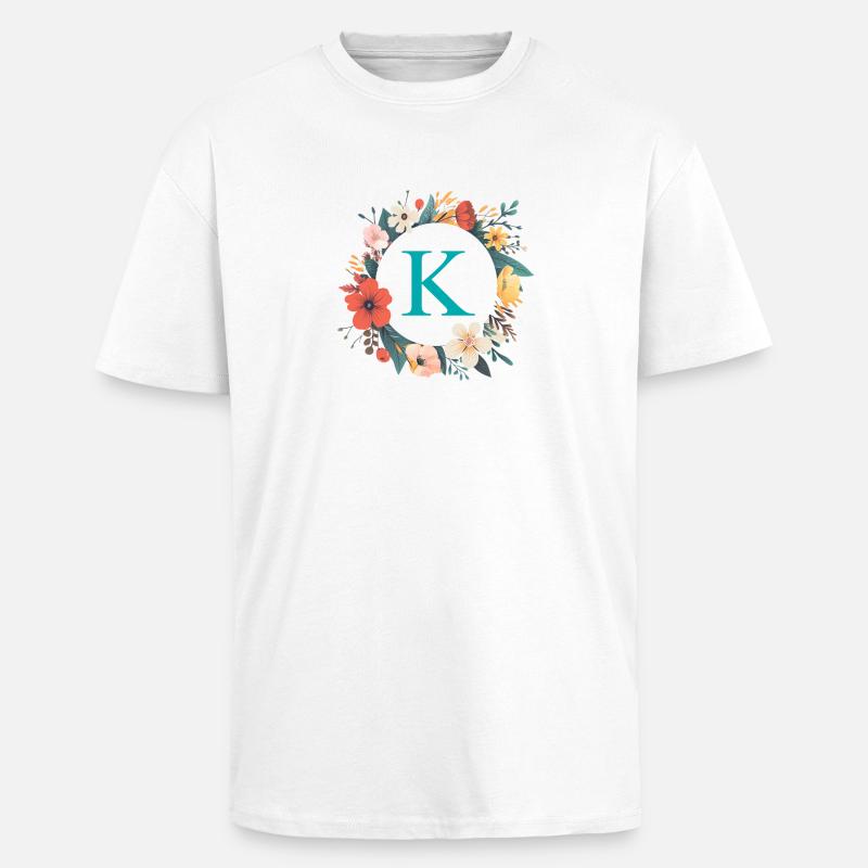 K Monogramm, Blumen-Kranz, personalisierbar - Oversized Heavyweight Unisex T-Shirt - Weiß