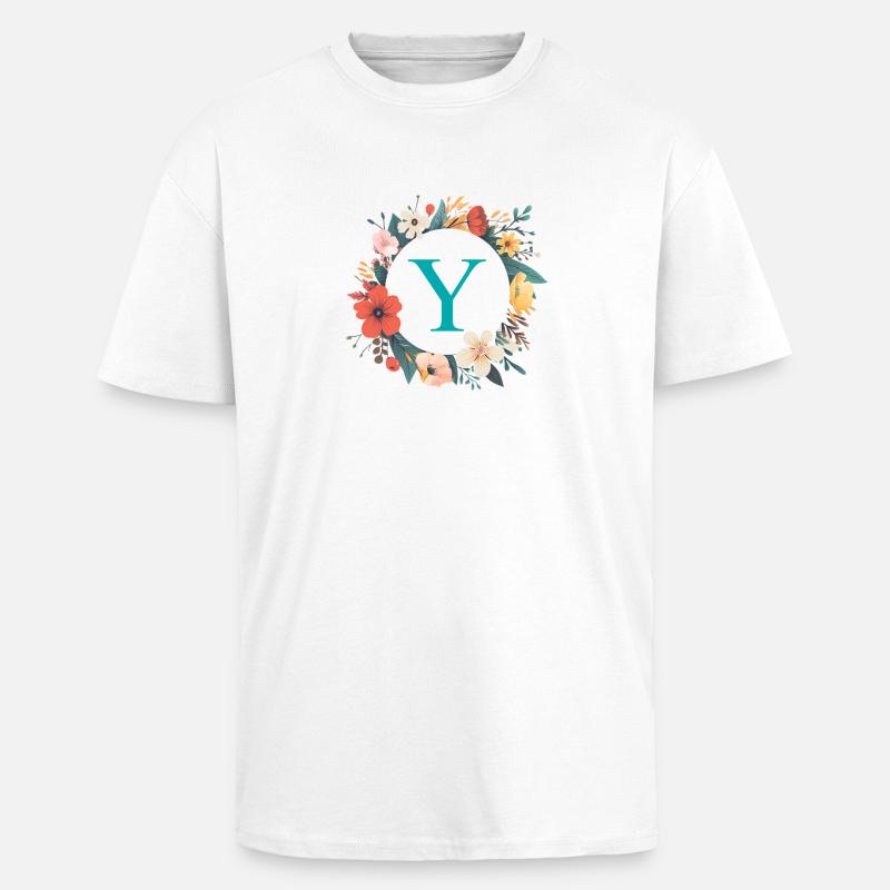 Y Monogramm, Blumen-Kranz, personalisierbar - Oversized Heavyweight Unisex T-Shirt - Weiß