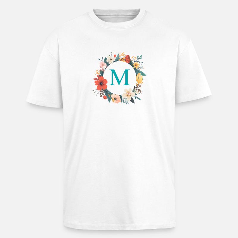M Monogramm, Blumen-Kranz, personalisierbar - Oversized Heavyweight Unisex T-Shirt - Weiß