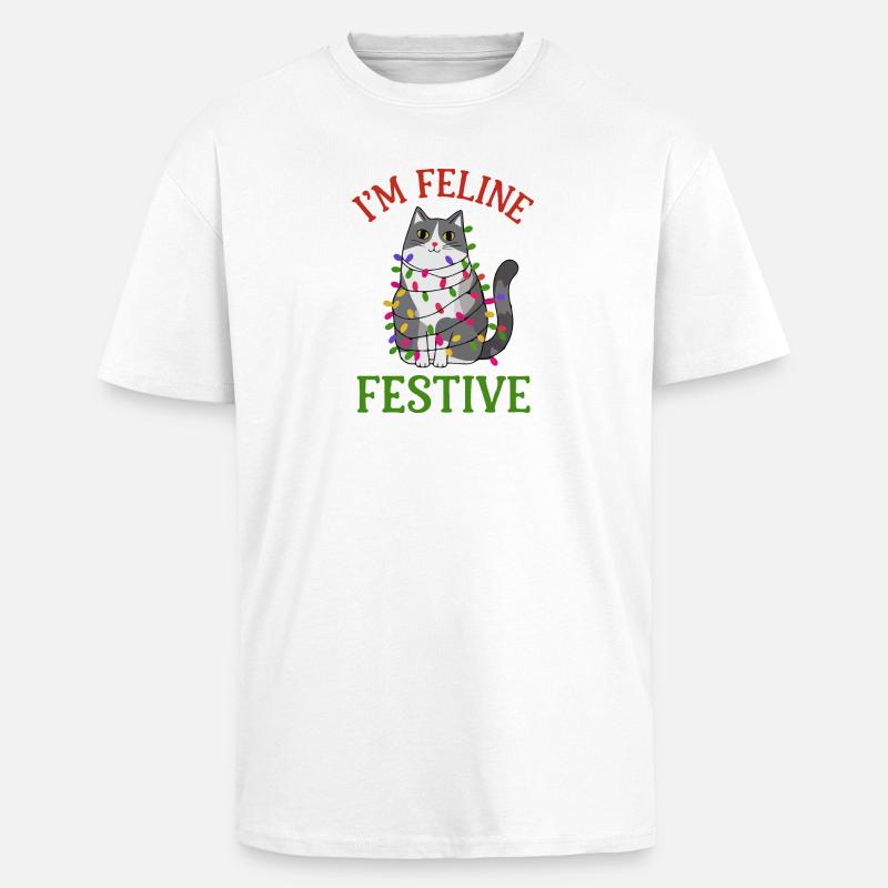 Feline Festive Light String Design - Unisex Oversized Heavyweight T-shirt - white