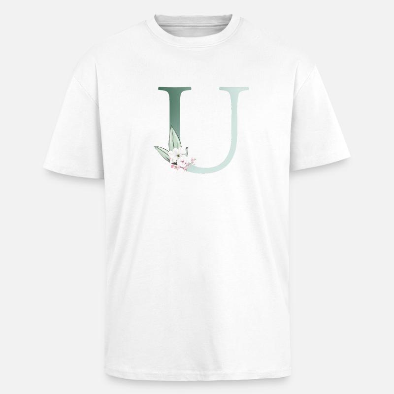 U Monogram, Floral, Personalizable - Unisex Oversized Heavyweight T-shirt - white
