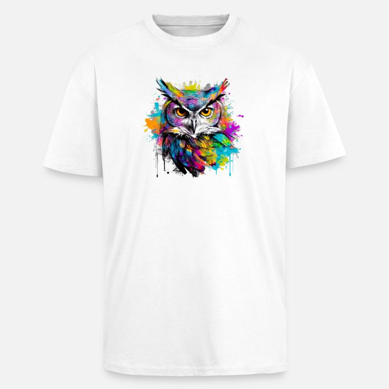 Unsere Eule mit bunten Farbklecksen - Oversized Heavyweight Unisex T-Shirt - Weiß