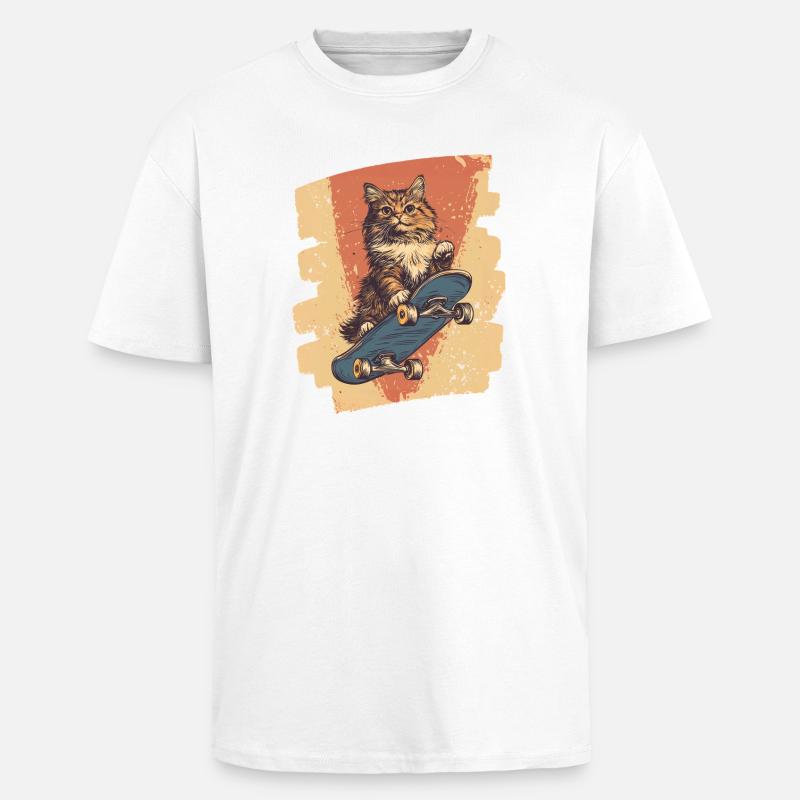 Chat de planche à roulettes - T-shirt unisexe oversize épais - blanc