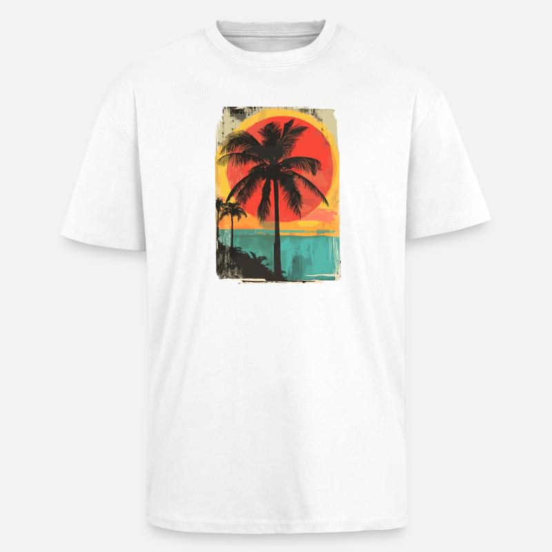 Palm Tree Sunset Summer Sun - Unisex Oversized Heavyweight T-shirt - white