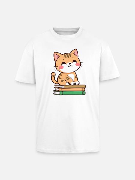 Cat with books - Unisex Oversized Heavyweight T-shirt - white