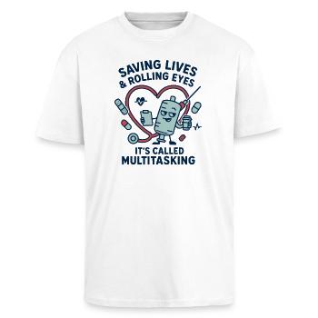 Multitasking Rescue Heart Design - Unisex Oversized Heavyweight T-shirt - white - Front - Alina (178cm) & Michal (187cm)