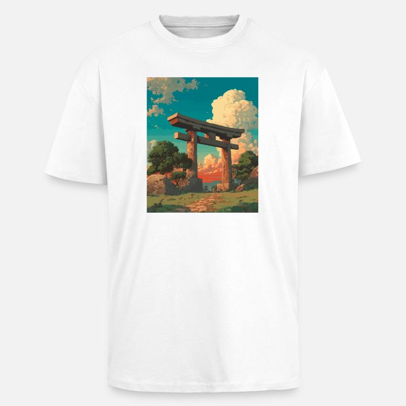 Sunset Behind Traditional Torii Gate - Unisex Oversized Heavyweight T-shirt - white