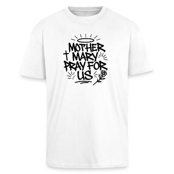 Mother Mary Graffiti – Sacred Urban Design - Oversized Heavyweight Unisex T-Shirt - Weiß - Vorne - Alina (178cm) & Michal (187cm)