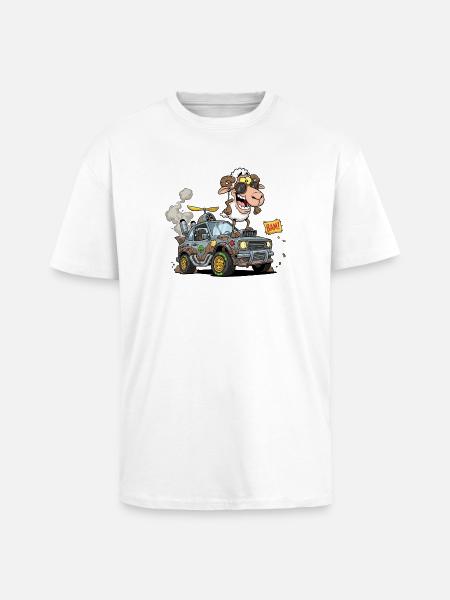 Cartoon Sheep Driver in Off-Road Vehicle - Unisex Oversized Heavyweight T-shirt - white