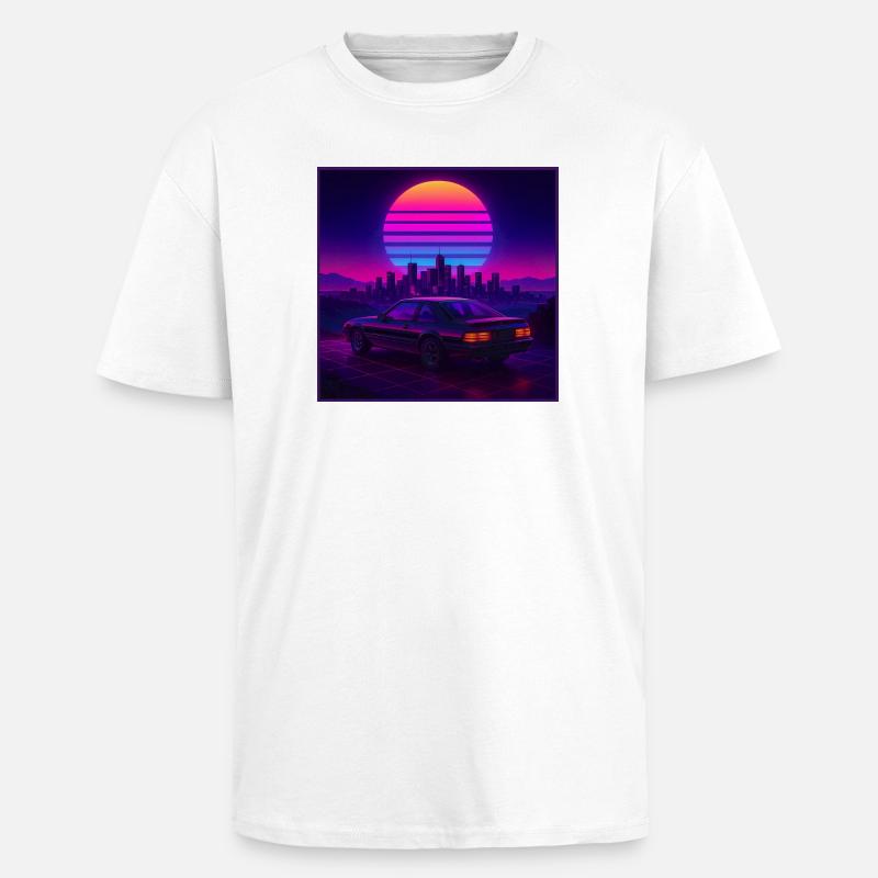 Neon Outrun Sunset Auto – Retro Synthwave - Oversized Heavyweight Unisex T-Shirt - Weiß