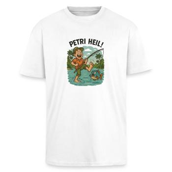 Petri Heil - oder der Piranha hängt am Zeh - Oversized Heavyweight Unisex T-Shirt - Weiß - Vorne - Alina (178cm) & Michal (187cm)