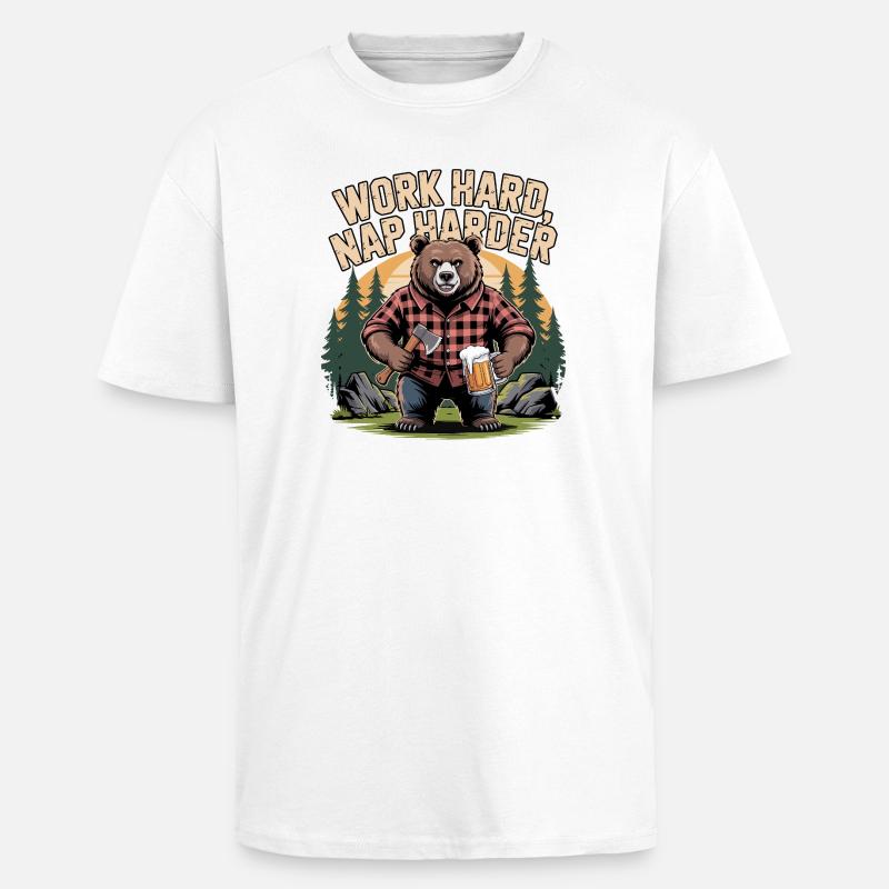 Hart arbeiten, Schlaf härter, Bär - Oversized Heavyweight Unisex T-Shirt - Weiß