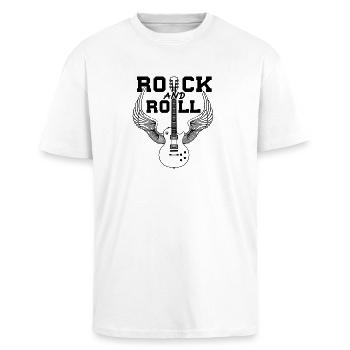 80er Jahre Rock & Roll Musik Gitarre mit Flügeln - Oversized Heavyweight Unisex T-Shirt - Weiß - Vorne - Alina (178cm) & Michal (187cm)