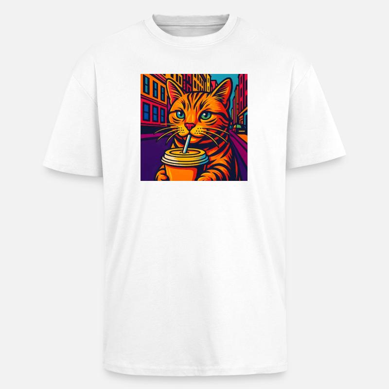 Lebhafte Stadtkatze mit Getränk, liebe Katzen - Oversized Heavyweight Unisex T-Shirt - Weiß