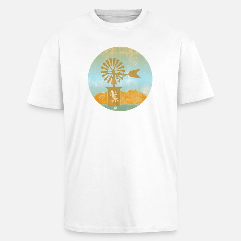 Windmill with Gecko Illustration Mallorca - Unisex Oversized Heavyweight T-shirt - white