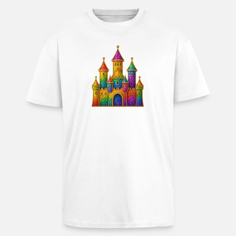 Regenbogen-Glitzer-Schloss-Design - Oversized Heavyweight Unisex T-Shirt - Weiß