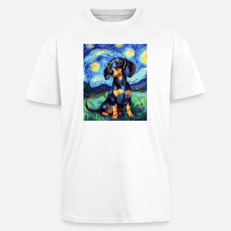 Dackel Hund Van Gogh Style Starry - Oversized Heavyweight Unisex T-Shirt - Weiß